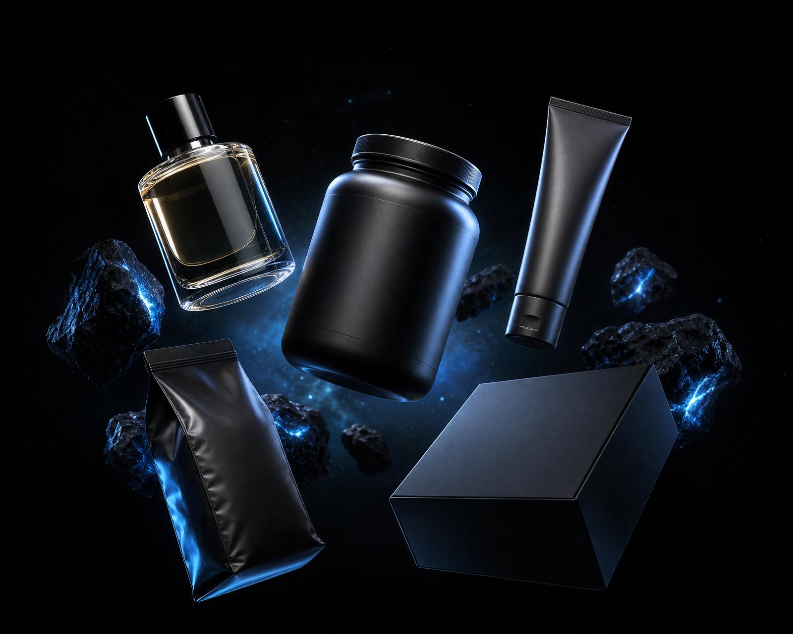 Floating luxury product mockups: perfume, protein jar, skincare tube, coffee bag and premium packaging